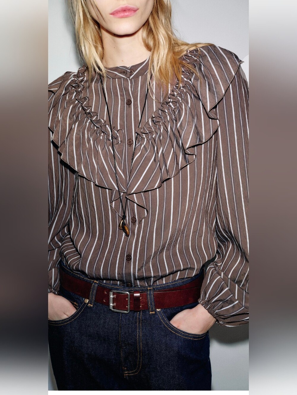 Zara Striped Ruffle Front Button-Up Blouse(S)